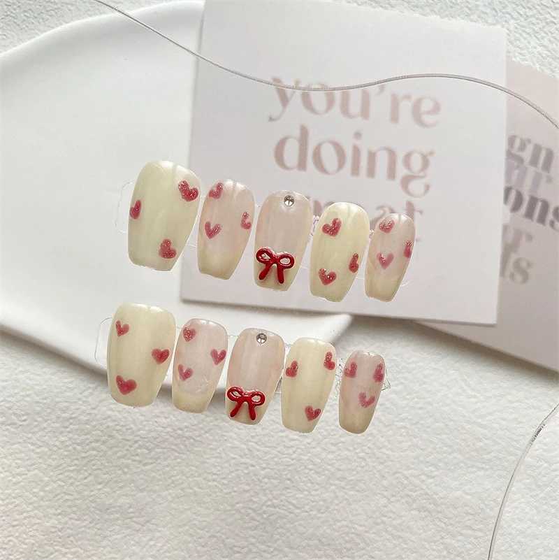 Hand pressed nails fully covered bow knot heart-shaped acrylic French fake nails cute reusable handle nail kit with aurora W250410