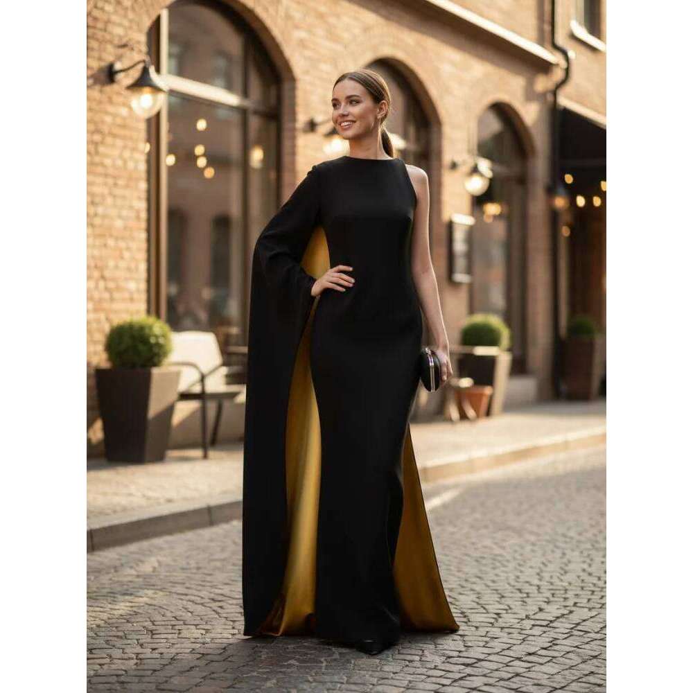 Freeacy Women's Asymmetric Cape Dress Ruffled One-Sleeve Floor Length Evening Gowns 2025 Stylish Contrast Color Party Dresses