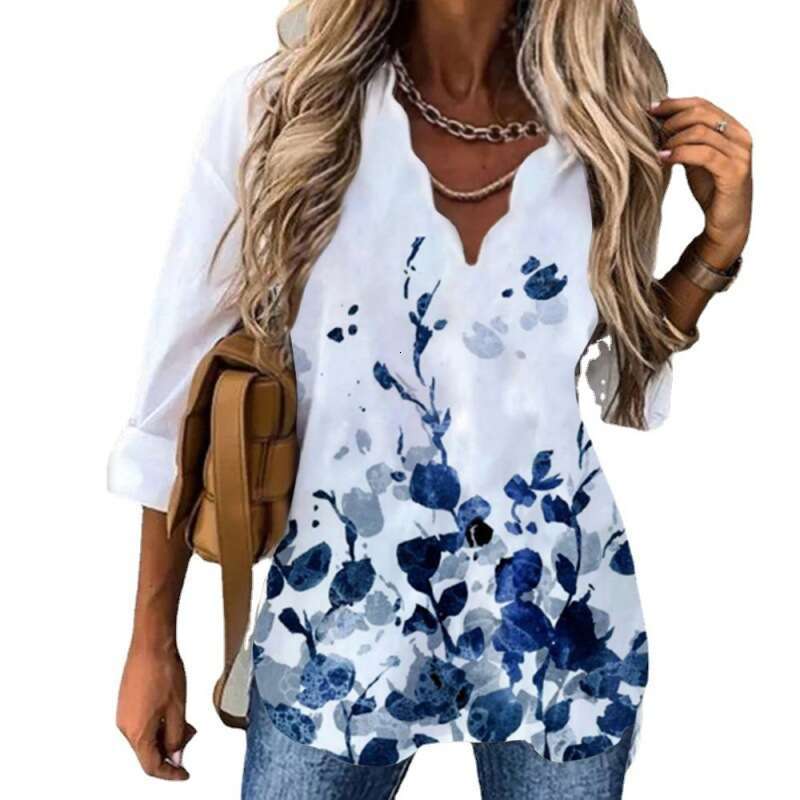 2025 Summer Amazon Cross-Border European and American Women's Fashion Elegant New Hot-Selling Wave Collar Shirt Printed Long Sleeve Women