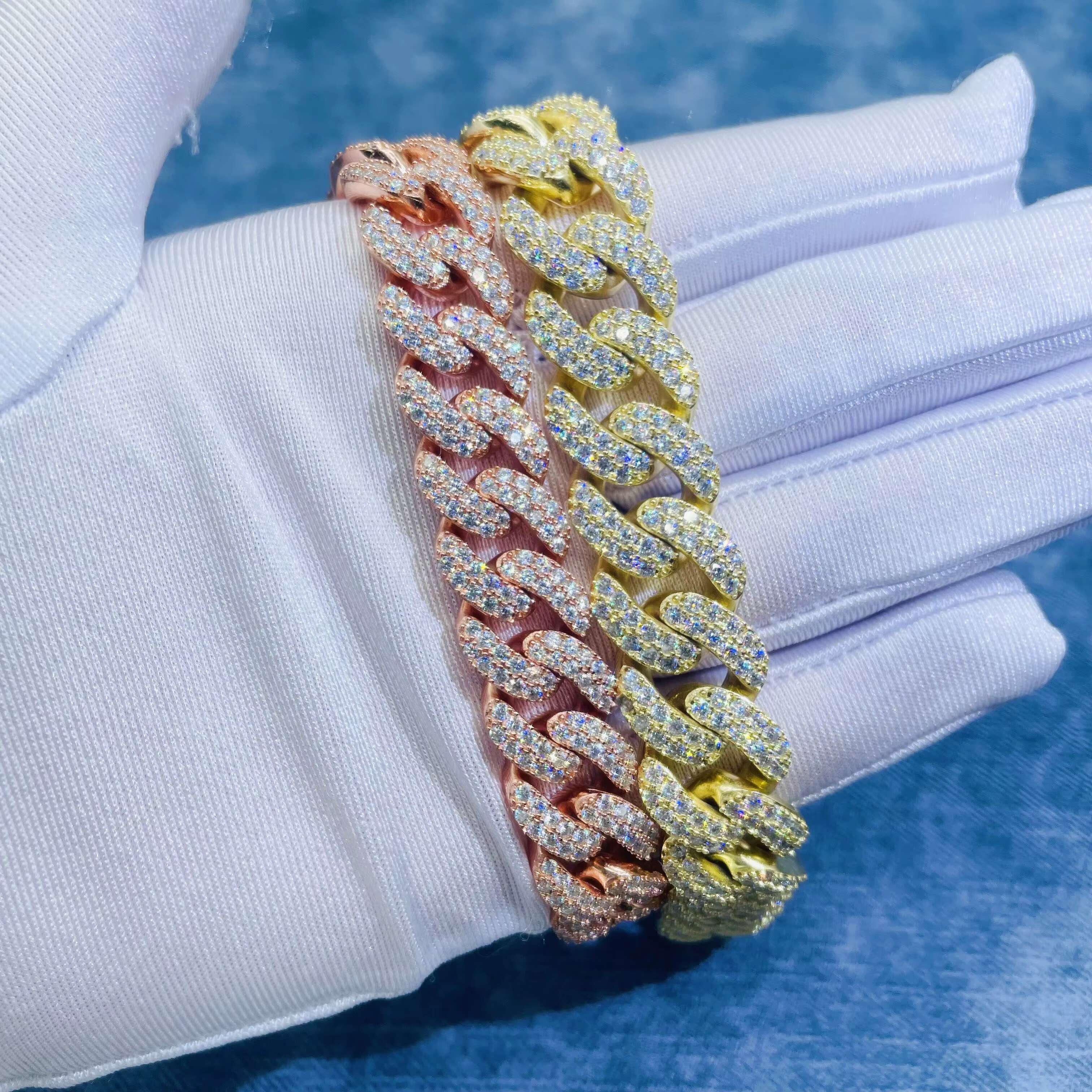 Pass Tester Hand Setting Hip Hop Jewelry 13mm 15mm Silver Iced Out Two Rows VVS Moissanite Cuban Link Chain
