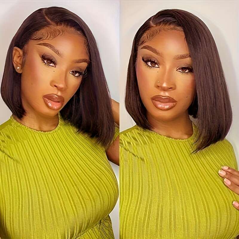 #4 Gluless Wigs Virgin 220% Chocolate Hairs 13X6x1 Middle Part Hairy Straight Bob 14Inch/16Inch/18Inch Dark Brown Brazilian Human Hair Lace Front Wig 