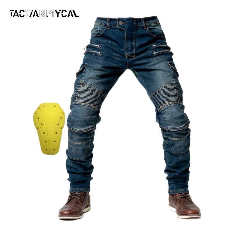 Motorcycle Jeans Men Multi-Pockets Riding Pants With Knee Pads Casual Denim Trousers Solid Fashion Cargo Pant Biker New
