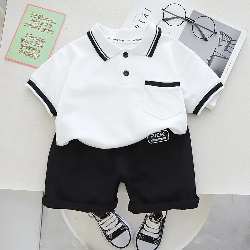 Summer Childrens Clothing Boys Simple Collar Polo Short Sleeve Set Boys Baby Shorts Casual Two Piece Set 250409