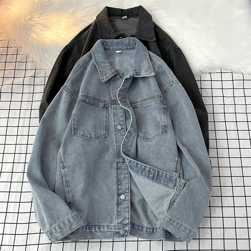 American High Street Fashion Solid Denim Jacket Men Spring Autumn Korean Blue Loose Tops Retro Long Sleeve Lapel Coat 250409