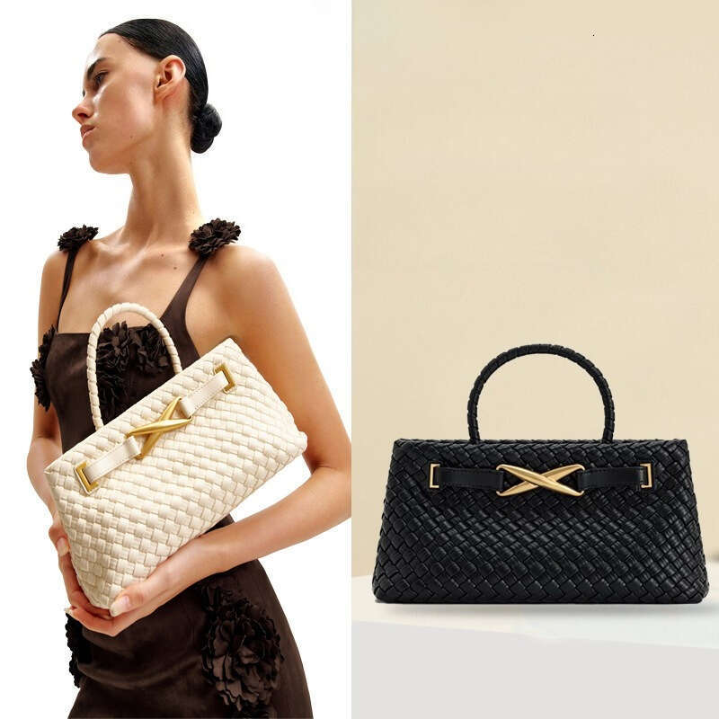 Women Knitted Handheld Handbag With Ic Closure, Golden Tone Hardware White/Black Real Like Texture, Durable Knit Design For, Travel, Shopping