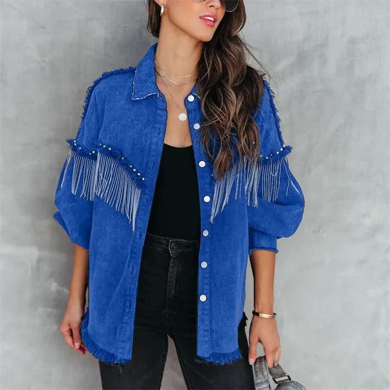 Fashion Chain Splicing Decoration Jacket Women Vintage Tassel Denim Coat Female Single-Breasted Cardigan Casual Loose Outerwear