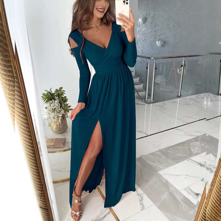 Independent Station Wish Amazon Autumn Winter New Long Sleeve V-neck Solid Color Hem Slit Dress for Women