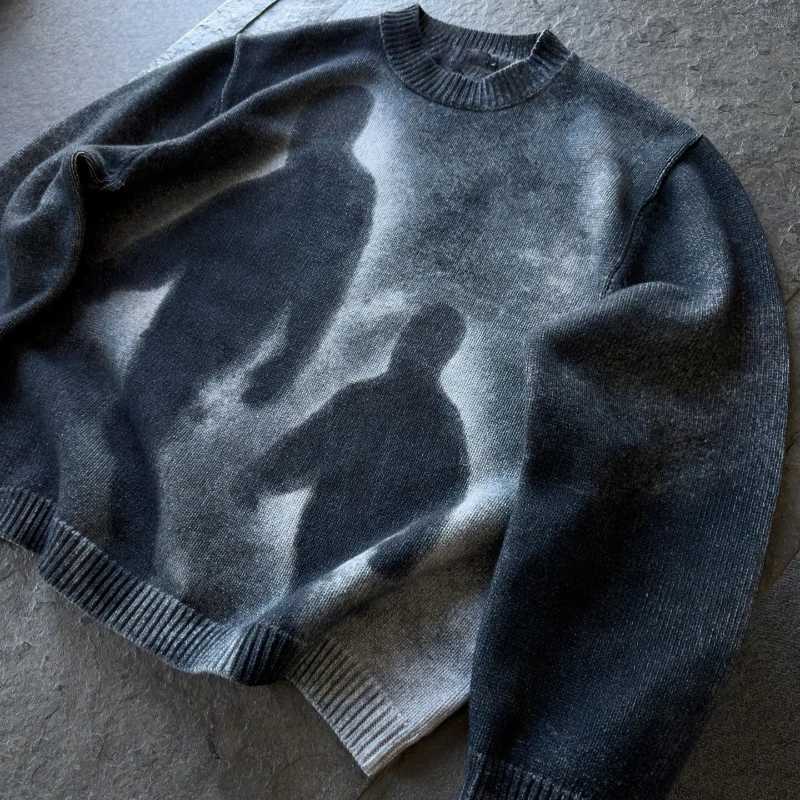 Fashion Gradient Abstract Artistic Portrait Pattern Loose Knit Pullover European High Street Punk Gothic Round Neck Long Sleeve Sweater Y251110