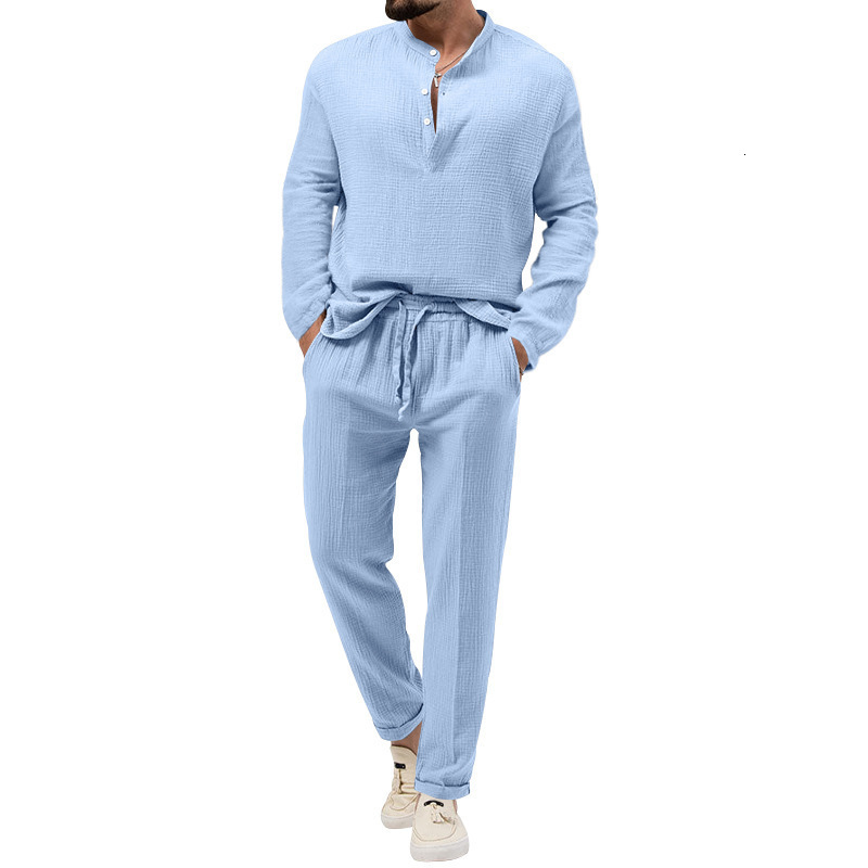 Cross 2024 Spring and Autumn Mens Solid Color Casual T-shirt Long Sleeve Shirt Long Pants Set