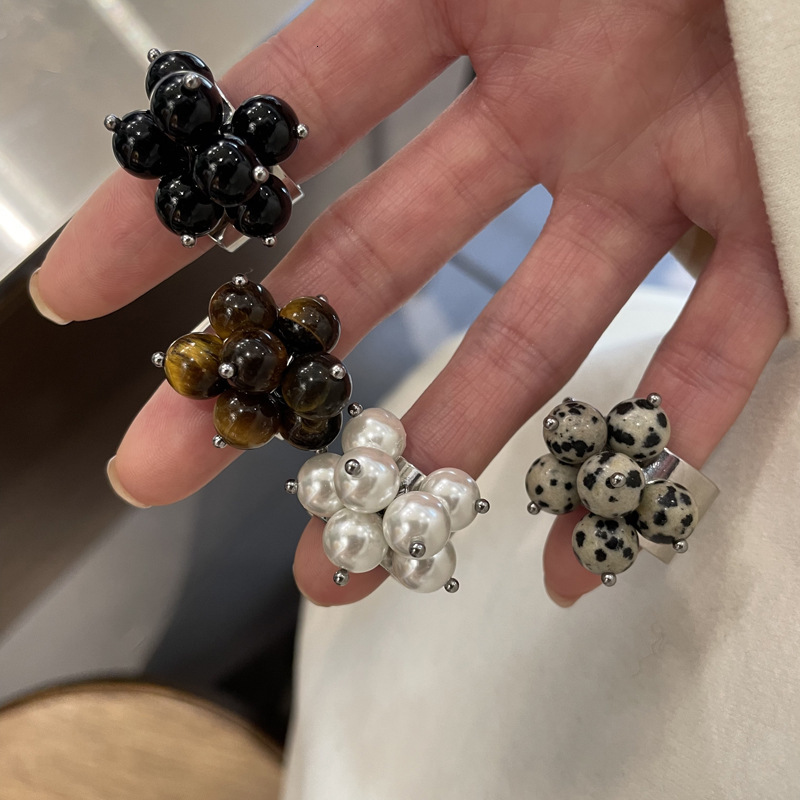 Handmade Designer Ring Natural Stone Black Agate Tiger Eye Stone Beaded Ring Fashion Ring Niche Exaggerated High-end Open Index Finger Ring
