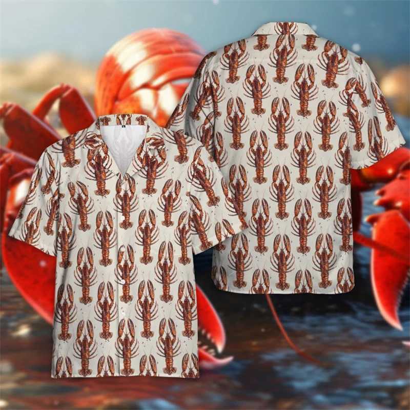 Lobster King 3D printed mens shirt Harajuku fashion mens beach shirt seafood short sleeved crayfish lapel shirt top X250410