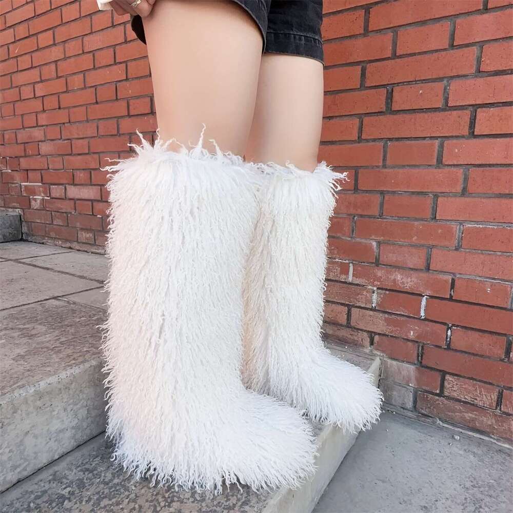 Women's Y2k Knee-Length Fluffy Snow Boots - Cozy Brown Faux Fur With Rubber Sole, Warm Winter Footwear For Outdoor Use, Cute And Stylish Desig