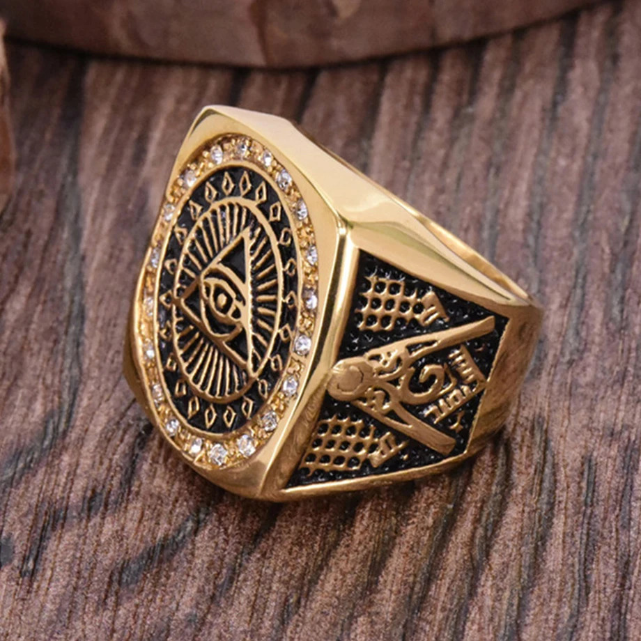 Punk Coin Pyramid All-Seeing Eye of Providence Rings Gold Color Stainless Steel Big Square Rings for Men Illuminati Jewelry Gift 251110