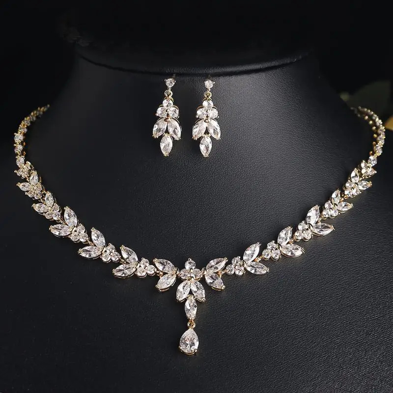 RAKOL Necklace Earring Set For Women Zircon Flower Leaf Fashion Bridal Wedding Party Charm Jewelry Set 250409