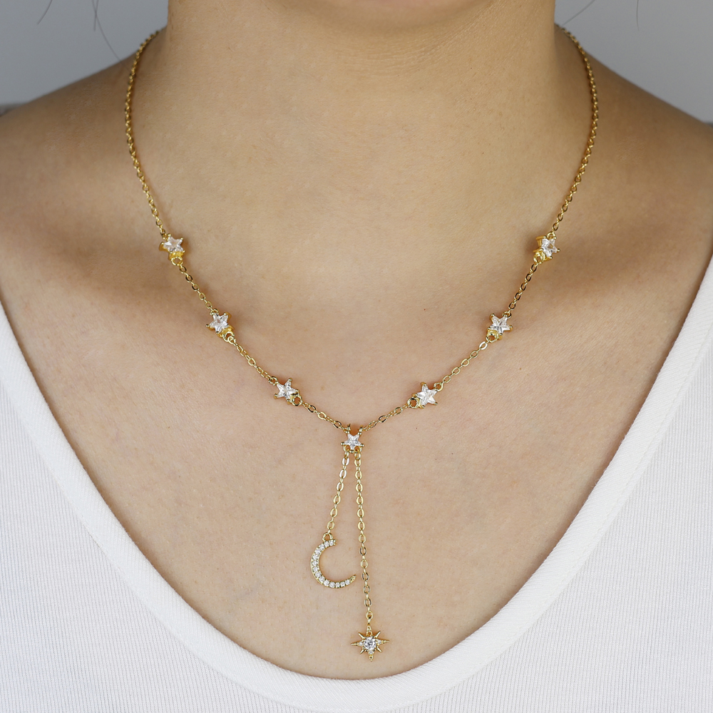 2025 New Moon Star cz station jewelry chain elegant women stunning lovely necklace fashion Modern faced stone Chic necklaces