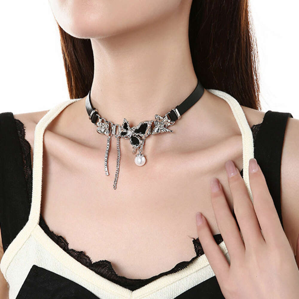 Butterfly Pearl for Women, Light Luxury Wholesale, High-End New Chinese Style Black Leather Choker, Hip-Hop Trendy Versatile Necklace