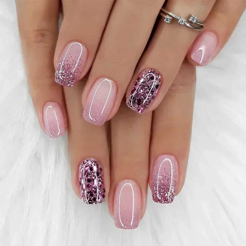 24pcs Medium Short Square Fake Nail Sparkling Nail Art White Wearable Fake Nail Silver French Full Cover Pressing Nail Tip W250410