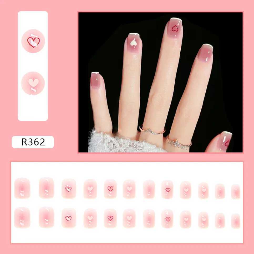 24pcs Pink Love White Decorative Short Wearable Fake Nails Detachable French Pressing Nail Tip Fully Covered Acrylic Fake Nail Art W250410