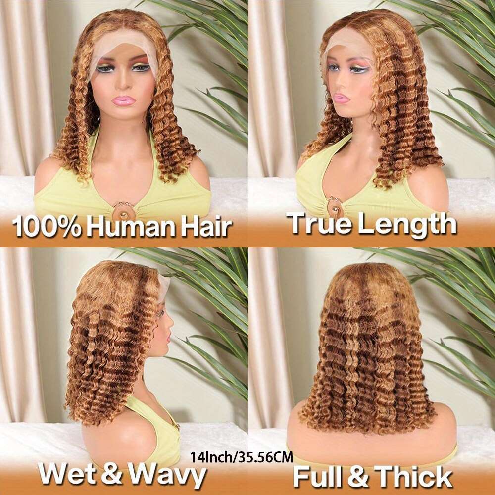 Wave Curly Pre Plucked Put On Go Glueless 13X4 HD Honey Blonde Highlight Lace Front Wig Human Hair For Women Wet And Wavy Short