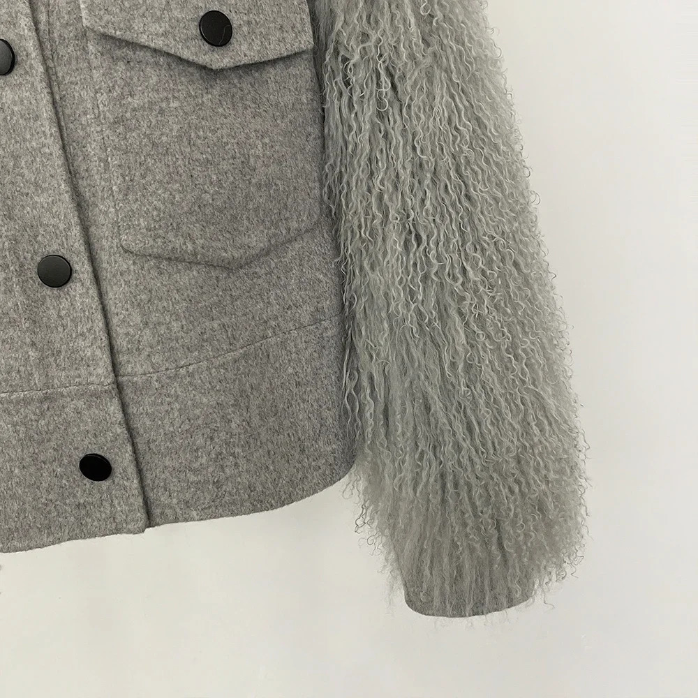 Real Mongolian Fur Female Reality Jacket Autumn Cuffs Wool Coat Pocket Full Sleeves Outerwear Cropped Blend Women 251110