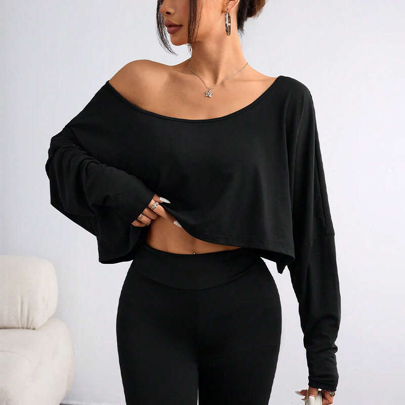 2025 Autumn New Cross-Border Amazon Foreign Trade European and American Style Asymmetrical Long Sleeve T-Shirt Short Off-Shoulder Loose Top for Women