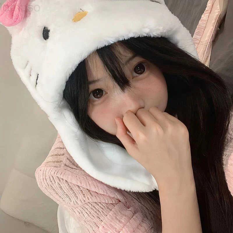 Sanrio Kawaii KT Cat Plush Cap Cute Cartoon Hello Kitty Pullover Hat Thickened Warm Ear Protection Riding Hat For Girl Gifts H251110