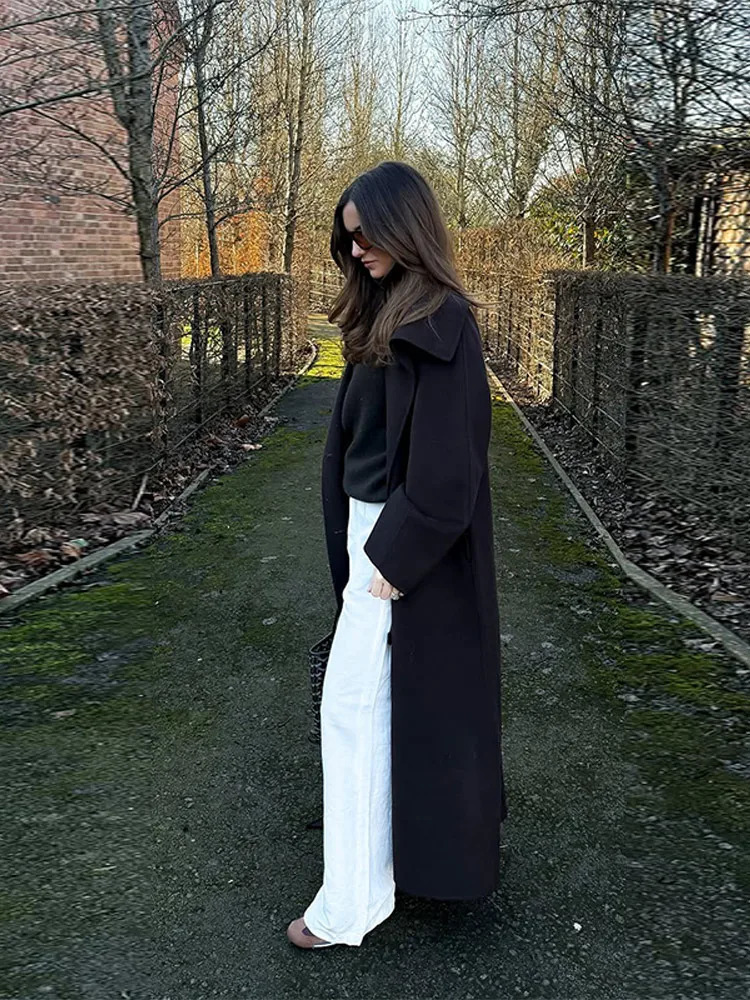 Casual Woolen Long Coat Women With Belt Stand Collar Single Breasted Full Sleeve Jacket Autumn Winter Solid Lady Outwears 251110