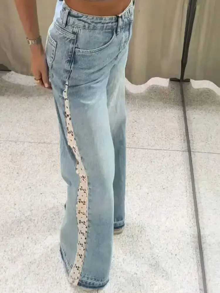 Womens Jean Lace Hollow Out Patchwork High Waist Denim Trouser Ladies Office Commute Streetwear Woman Wide Leg Long Pant C251110