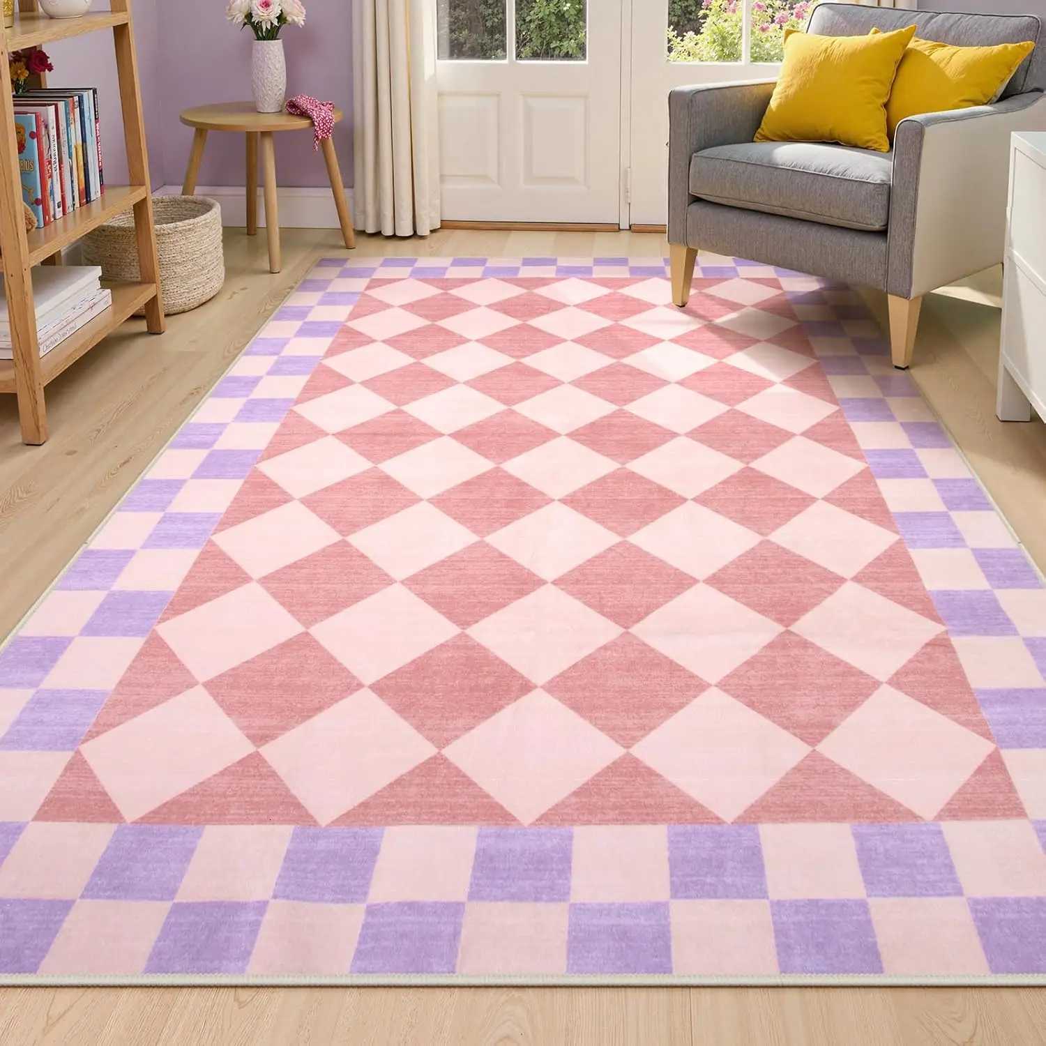 Checkered Rug for Living Room Washable Bedroom Area Rug Checked Kids Room Rug Non-Slip Soft Carpet for Bedroom Playroom Nursery Y251110
