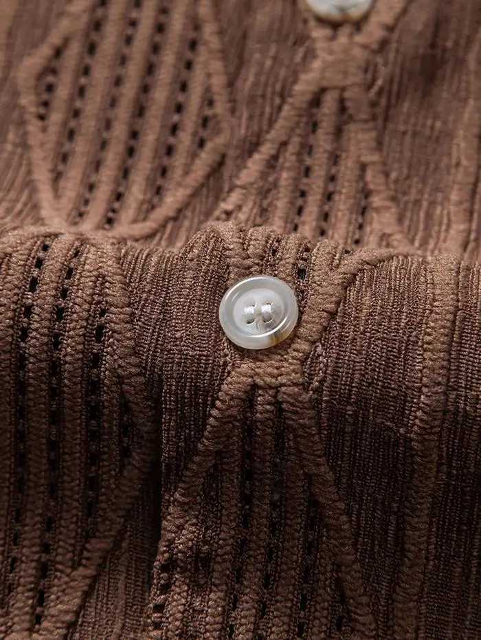 ZAFUL Mens Camping Collar Button Geometric Jacquard Openwork Short Sleeve Shirt X250410