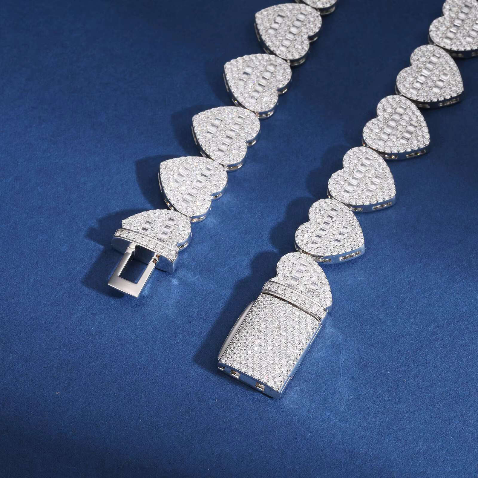 Hip Hop Jewelry High Quality 13mm 925 Sterling Silver VVS Moissanite Diamond Iced Out Buguette Heart Tennis Chain Necklace