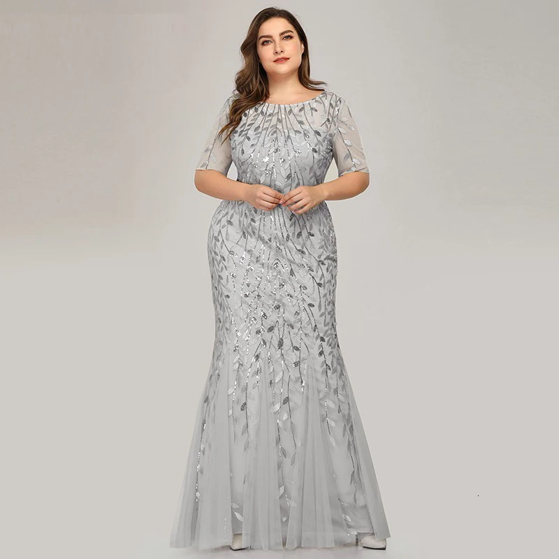 plus size sequin net mermaid ultra-thin evening dress with bead leaf pattern for formal womens elegant party dance dress short sleeved 250403