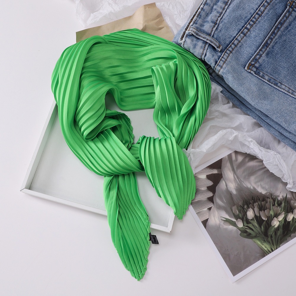 K350 70cm solid color pleated silk scarf decorative neck scarf spring and summer sun protection thin scarf versatile scarf pleated square scarf for wo