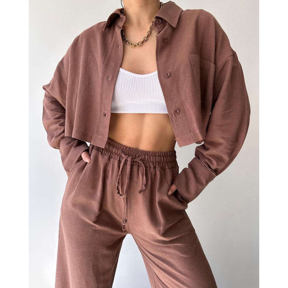2024 European and American New Solid Color Long Sleeve Short Casual Shirt Drawstring Pants Set