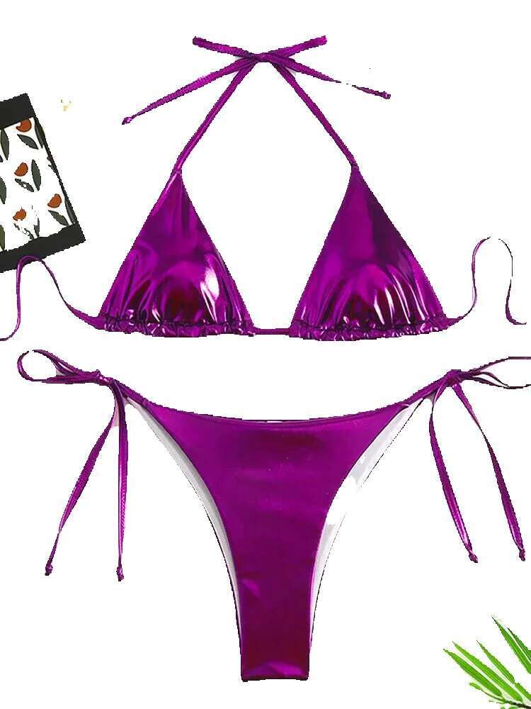 Sexy metal camisole lace up set triangle tie side bikini 2025 Brazilian women's swimsuit