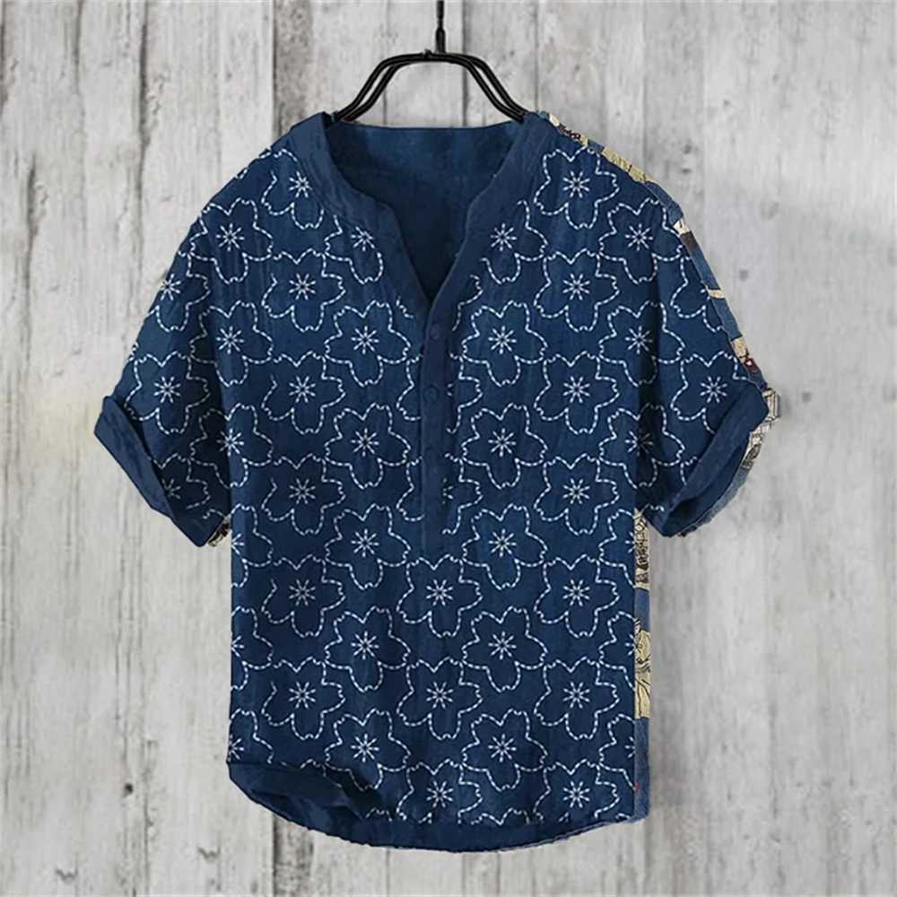 Summer mens short sleeved shirt linen printed shirt European and American popular element printed large shirt S-5XL X250410