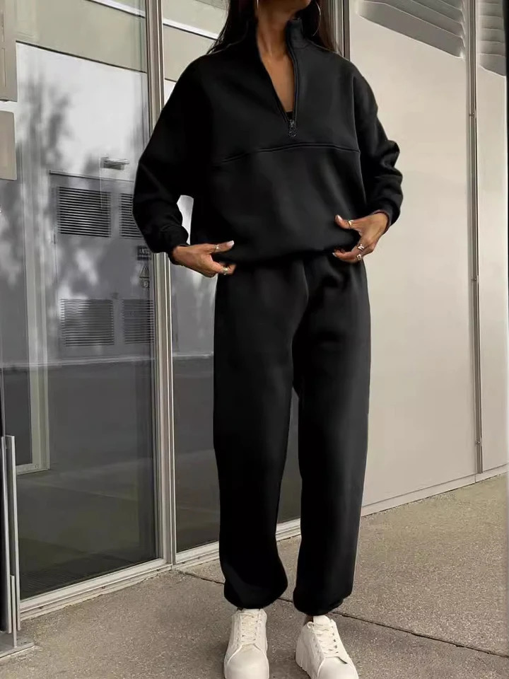 European and American Cross border AutumnWinter Fashion Zipper Collar Solid Color Casual Two Piece Set 251110