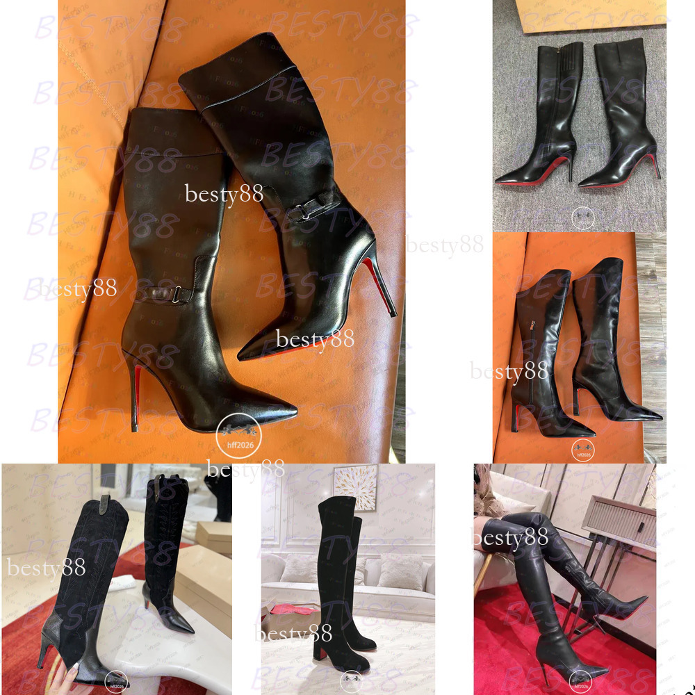 boots designer womens brand heels women dress shoes Red Shiny BottomBoots Toe High 10cm 12cm Stiletto Genuine Leather Woman High quality Winter knight boots f9