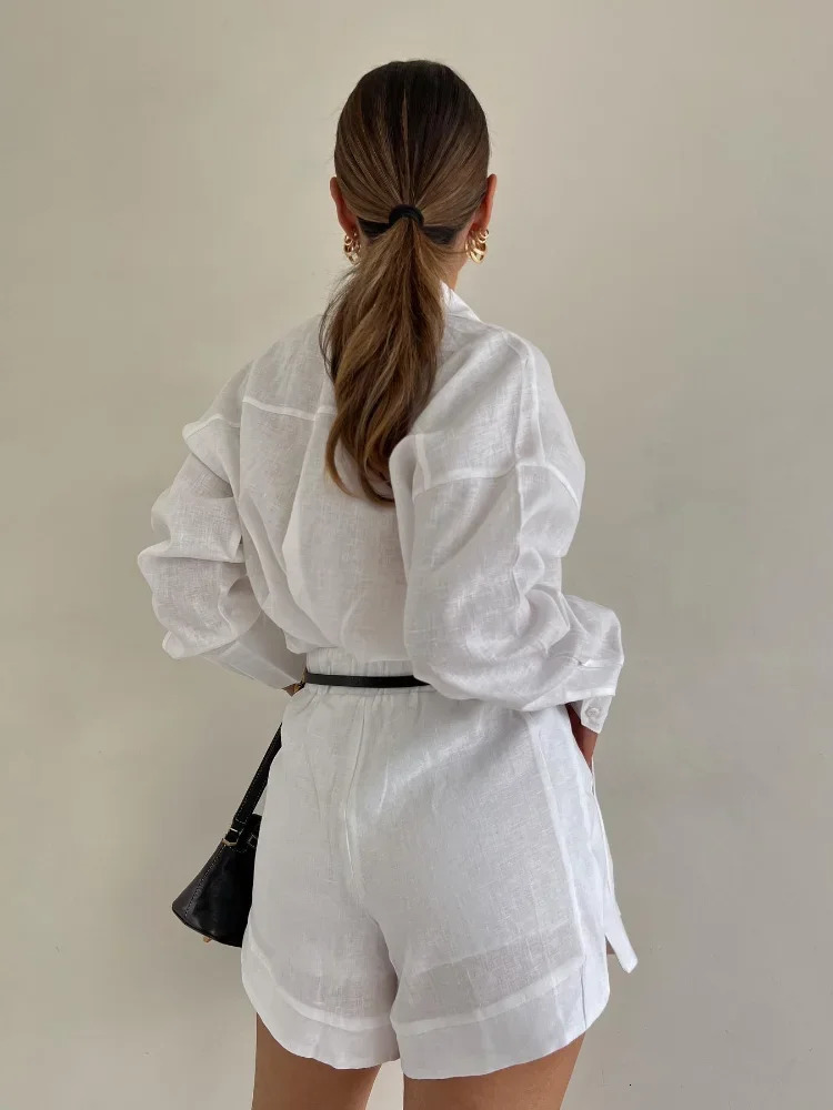 Womens white cotton linen single chest shirt high waisted shorts set fashionable and breathable 2-piece set spring womens clothing 250409