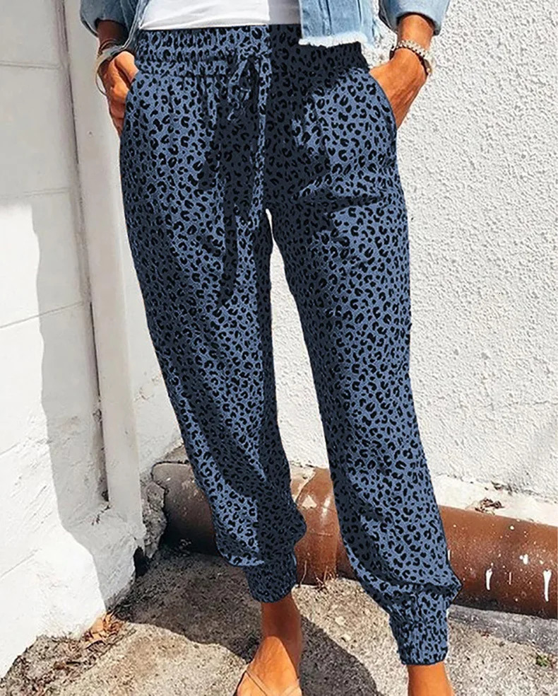 Summer European and American Womens Leggings Loose Leopard Print Lace Up Casual Pants 250409