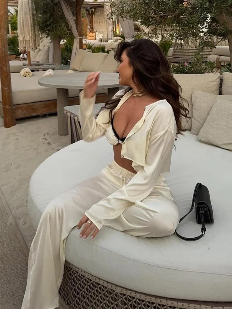 2025 Chic Satin Drawstring Elastic Waist Loose Pants Set Women Elegant Button Down Long Sleeve Shirt Suit Lady Casual Streetwear 250409