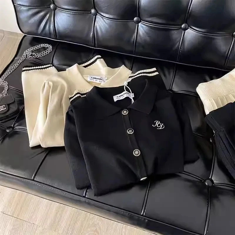 Womens Autumn Winter Clothing Suit Polo Collar ed Long Sleeved Knitted Cardigan High Waisted Half Skirt TwoPiece Set 251110