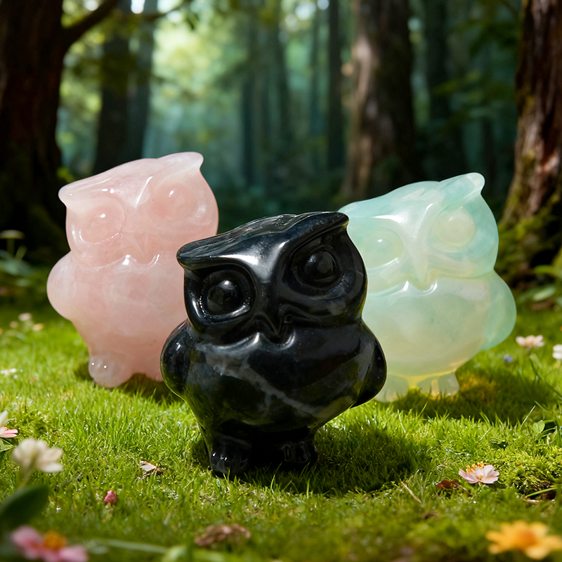 1.5-inch-long jade owl figurines, carved handicrafts, natural crystal carved animal ornaments, crooked-headed owl figurines