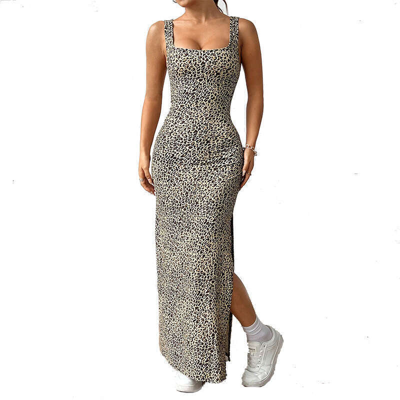 Rui Chuo Cross-Border European and American Sexy Leopard Print Strap 2025 Summer Foreign Trade Tight One-Step with Slit Long Dress