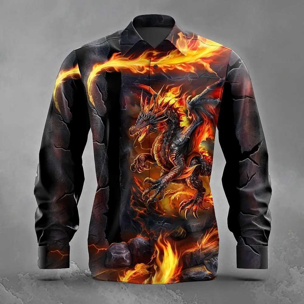 2025 Fashion Mens Animal Dragon Button Up Shirt Vintage Long Sleeve Retro Style Streetwear Turndown 3D Print Collared Shirts K251110