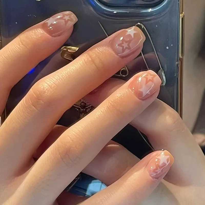 Star Fainting 24 pieces press nail pink gradient fake nail smooth artificial finger manipulation reusable female fake nail W250410