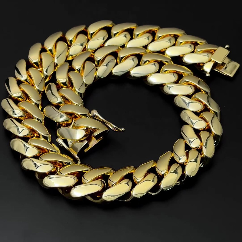 25mm High Polished Miami Cuban Chain Necklace Copper 14K Real Gold Plated Jewelry