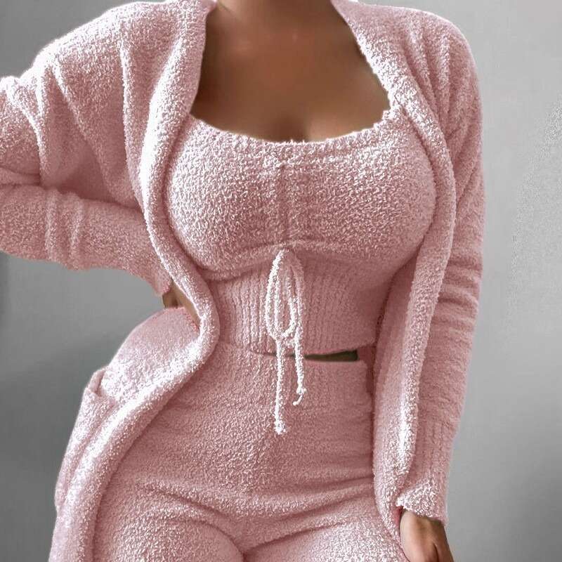 2025 New Cross-Border Women's Plush Three-Piece Lace-Up Pajama Casual Set Homewear One-Piece Dropshipping