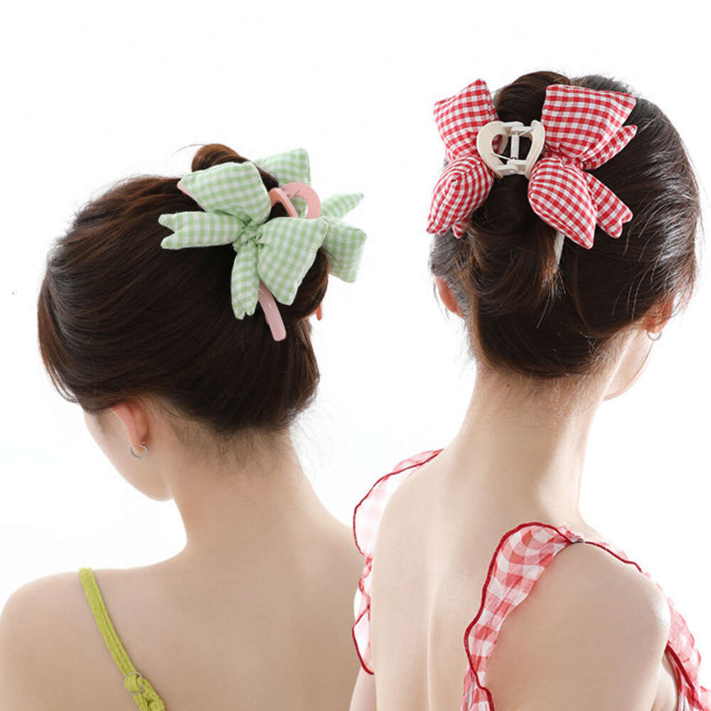 DHcollections Korean INS Style Simple Plaid Bow for Women Sweet High-end Feel Back of Head Bun Shark Clip Hair Accessory