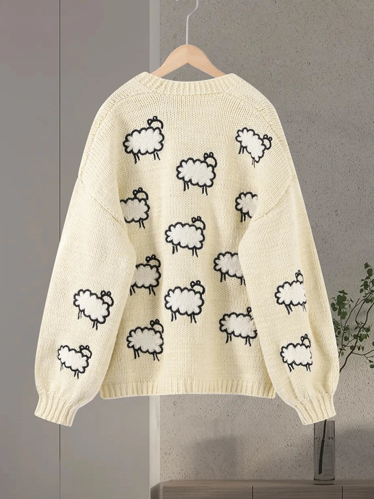 Lantern Sleeve Embroidered Sheep Loose Women Cardigan VNeck Chunky Knit Autumn Playful Cute Coat Causal Chic Lady Sweater 251103